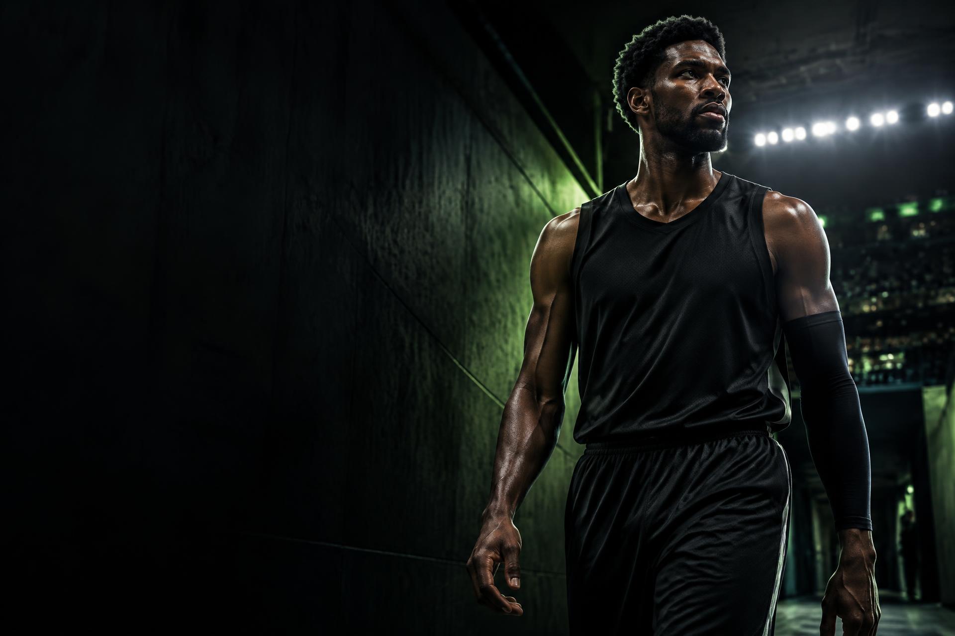 Elite basketball player entering a dark arena